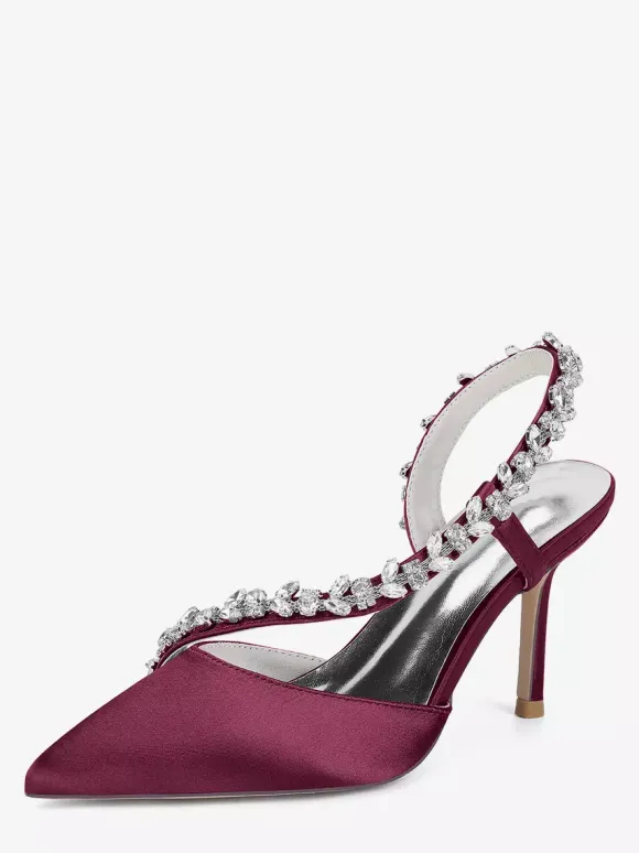 High Heel Wedding Shoes Satin Pointed Toe Rhinestones Stiletto Heel Bridal Shoes