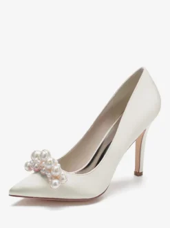 High Heel Wedding Shoes Satin Pointed Toe Pearls Stiletto Heel Bridal Pumps