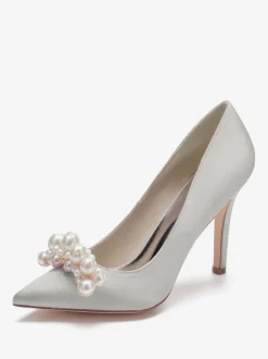 High Heel Wedding Shoes Satin Pointed Toe Pearls Stiletto Heel Bridal Pumps