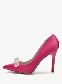 High Heel Wedding Shoes Satin Pointed Toe Pearls Stiletto Heel Bridal Pumps