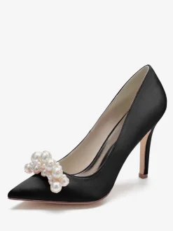 High Heel Wedding Shoes Satin Pointed Toe Pearls Stiletto Heel Bridal Pumps