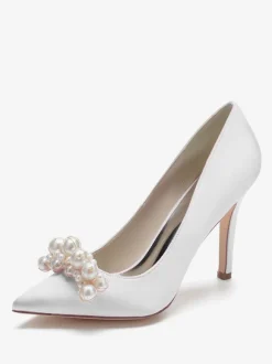 High Heel Wedding Shoes Satin Pointed Toe Pearls Stiletto Heel Bridal Pumps