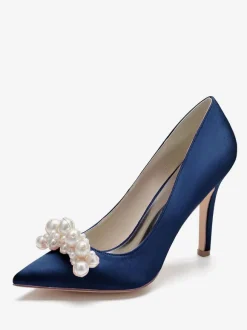High Heel Wedding Shoes Satin Pointed Toe Pearls Stiletto Heel Bridal Pumps
