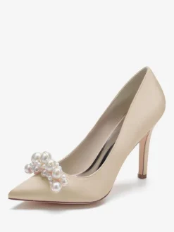 High Heel Wedding Shoes Satin Pointed Toe Pearls Stiletto Heel Bridal Pumps