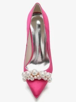 High Heel Wedding Shoes Satin Pointed Toe Pearls Stiletto Heel Bridal Pumps