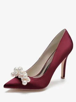 High Heel Wedding Shoes Satin Pointed Toe Pearls Stiletto Heel Bridal Pumps
