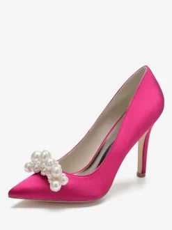 High Heel Wedding Shoes Satin Pointed Toe Pearls Stiletto Heel Bridal Pumps
