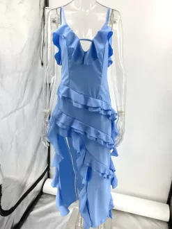 High Low Ruffle Maxi Slip Dress for Wedding Guest - Light Sky Blue V Neck Layered Women Sexy Cocktail Gown - Summer Vacation 2026