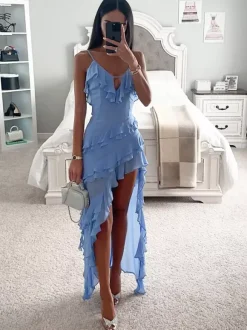 High Low Ruffle Maxi Slip Dress for Wedding Guest - Light Sky Blue V Neck Layered Women Sexy Cocktail Gown - Summer Vacation 2026