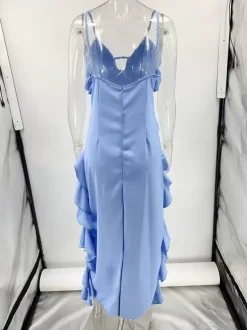 High Low Ruffle Maxi Slip Dress for Wedding Guest - Light Sky Blue V Neck Layered Women Sexy Cocktail Gown - Summer Vacation 2026
