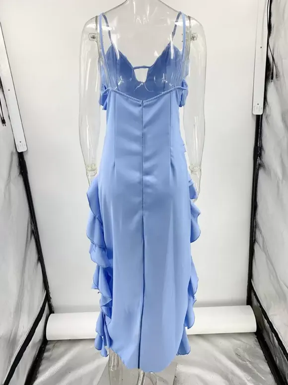 High Low Ruffle Maxi Slip Dress for Wedding Guest - Light Sky Blue V Neck Layered Women Sexy Cocktail Gown - Summer Vacation 2026
