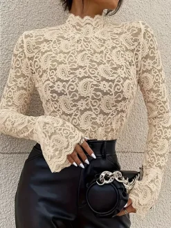 High Neck Bell Sleeve Slim Fit Paisley Lace Top For Women 2026