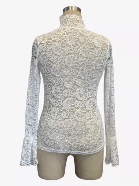 High Neck Bell Sleeve Slim Fit Paisley Lace Top For Women 2026