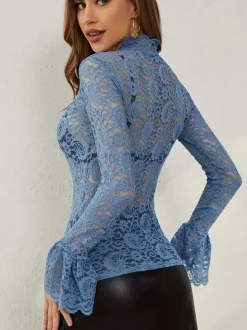 High Neck Bell Sleeve Slim Fit Paisley Lace Top For Women 2026
