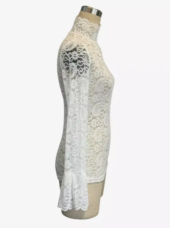 High Neck Bell Sleeve Slim Fit Paisley Lace Top For Women 2026