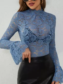 High Neck Bell Sleeve Slim Fit Paisley Lace Top For Women 2026