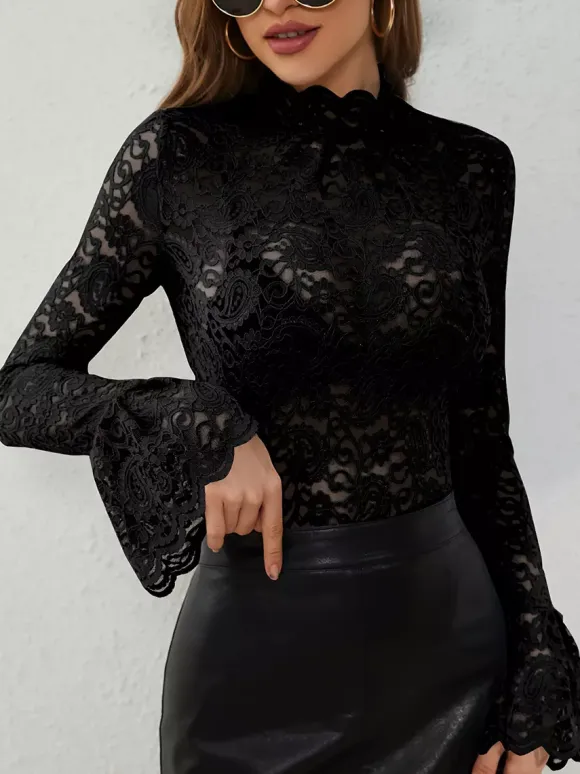 High Neck Bell Sleeve Slim Fit Paisley Lace Top For Women 2026