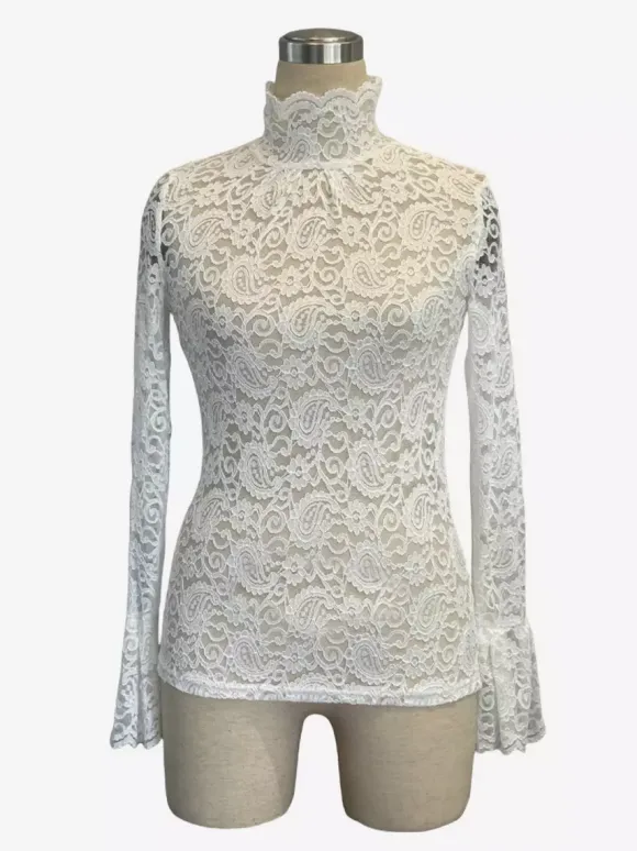 High Neck Bell Sleeve Slim Fit Paisley Lace Top For Women 2026