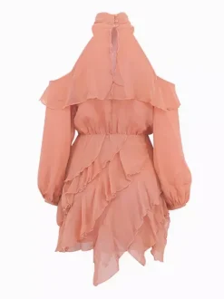High Neck Cold Shoulder Ruffle Layered Lantern Sleeve Mini Dress For Women 2026