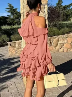 High Neck Cold Shoulder Ruffle Layered Lantern Sleeve Mini Dress For Women 2026