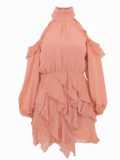High Neck Cold Shoulder Ruffle Layered Lantern Sleeve Mini Dress For Women 2026