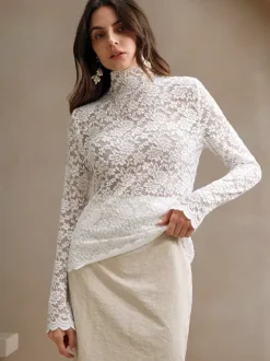 High Neck Floral Lace Long Sleeve Sheer Slim Fit Top For Women 2026
