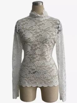 High Neck Floral Lace Long Sleeve Sheer Slim Fit Top For Women 2026