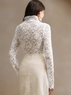 High Neck Floral Lace Long Sleeve Sheer Slim Fit Top For Women 2026