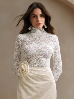 High Neck Floral Lace Long Sleeve Sheer Slim Fit Top For Women 2026