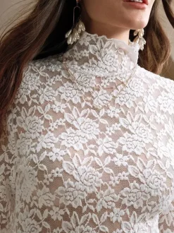 High Neck Floral Lace Long Sleeve Sheer Slim Fit Top For Women 2026