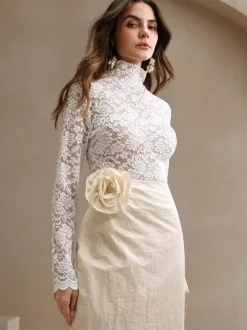 High Neck Floral Lace Long Sleeve Sheer Slim Fit Top For Women 2026