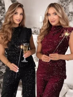 High Neck Sleeveless Sparkly Sequin Wide Leg Party Jumpsuit For Women 2026