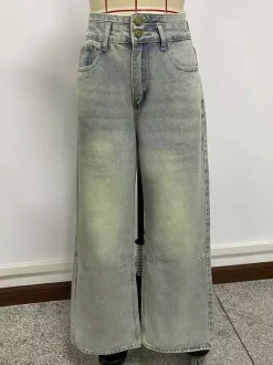 High Rise Baggy Jeans For Women - Light Blue Dirty Effect Wide Leg Washed Denim Pants - Spring Music Festival 2026