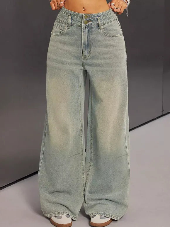 High Rise Baggy Jeans For Women - Light Blue Dirty Effect Wide Leg Washed Denim Pants - Spring Music Festival 2026