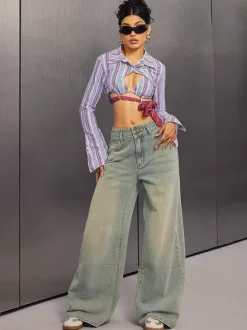 High Rise Baggy Jeans For Women - Light Blue Dirty Effect Wide Leg Washed Denim Pants - Spring Music Festival 2026