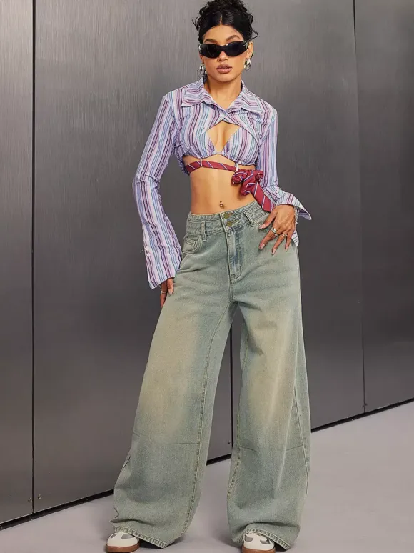 High Rise Baggy Jeans For Women - Light Blue Dirty Effect Wide Leg Washed Denim Pants - Spring Music Festival 2026