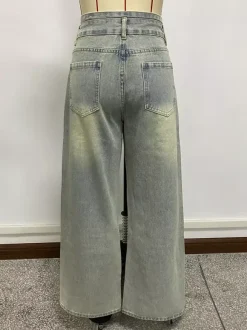 High Rise Baggy Jeans For Women - Light Blue Dirty Effect Wide Leg Washed Denim Pants - Spring Music Festival 2026