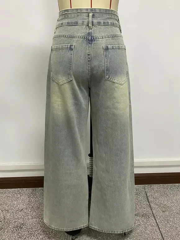 High Rise Baggy Jeans For Women - Light Blue Dirty Effect Wide Leg Washed Denim Pants - Spring Music Festival 2026