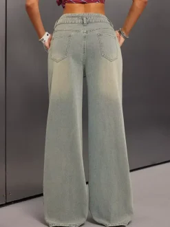 High Rise Baggy Jeans For Women - Light Blue Dirty Effect Wide Leg Washed Denim Pants - Spring Music Festival 2026