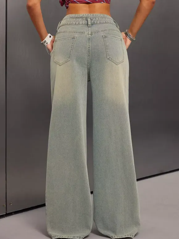 High Rise Baggy Jeans For Women - Light Blue Dirty Effect Wide Leg Washed Denim Pants - Spring Music Festival 2026