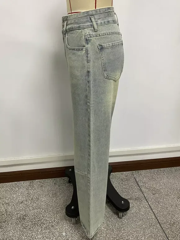 High Rise Baggy Jeans For Women - Light Blue Dirty Effect Wide Leg Washed Denim Pants - Spring Music Festival 2026