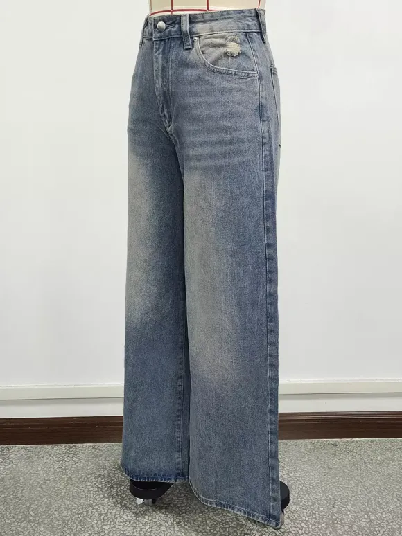 High Rise Baggy Skater Jeans For Women - Distressed Wide Leg Puddle Pants - Spring Daily Streetwear 2026