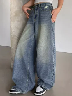 High Rise Baggy Skater Jeans For Women - Distressed Wide Leg Puddle Pants - Spring Daily Streetwear 2026