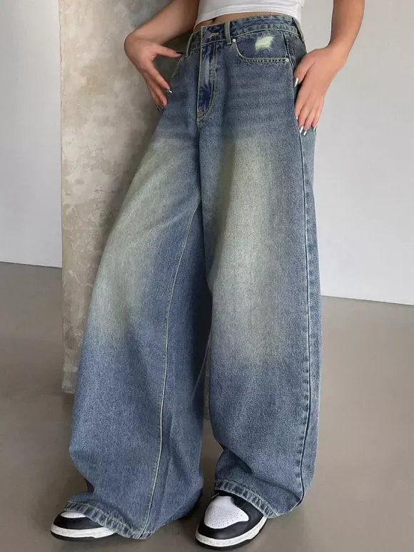 High Rise Baggy Skater Jeans For Women - Distressed Wide Leg Puddle Pants - Spring Daily Streetwear 2026