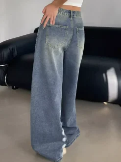 High Rise Baggy Skater Jeans For Women - Distressed Wide Leg Puddle Pants - Spring Daily Streetwear 2026