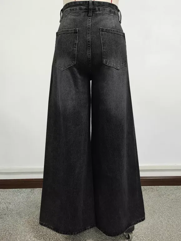 High Rise Baggy Skater Jeans For Women - Distressed Wide Leg Puddle Pants - Spring Daily Streetwear 2026