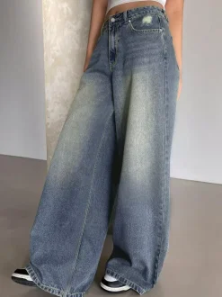 High Rise Baggy Skater Jeans For Women - Distressed Wide Leg Puddle Pants - Spring Daily Streetwear 2026
