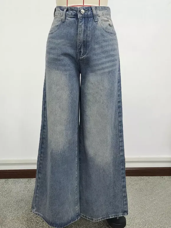 High Rise Baggy Skater Jeans For Women - Distressed Wide Leg Puddle Pants - Spring Daily Streetwear 2026