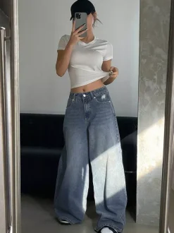 High Rise Baggy Skater Jeans For Women - Distressed Wide Leg Puddle Pants - Spring Daily Streetwear 2026
