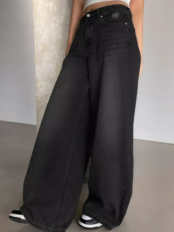 High Rise Baggy Skater Jeans For Women - Distressed Wide Leg Puddle Pants - Spring Daily Streetwear 2026